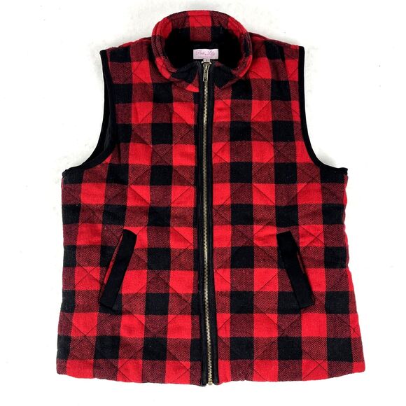 Pink Lily Flannel quilted Vest Red Black Buffalo Plaid Check Womens SZ LG - Picture 1 of 9